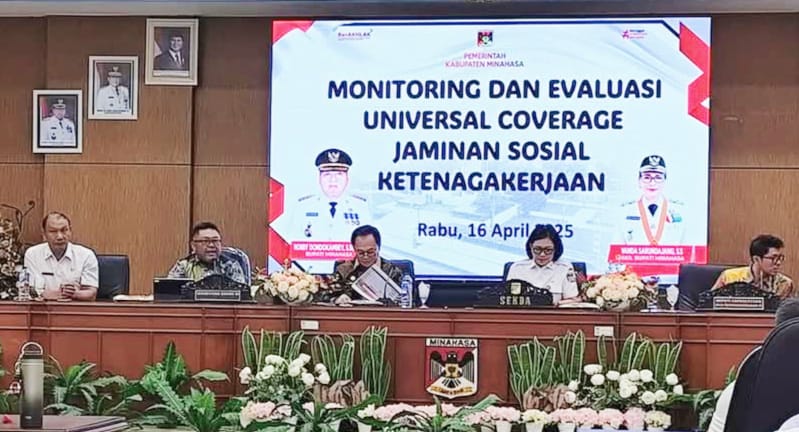 JADI PERCONTOHAN: Pemkab Minahasa saat menerima kunjungan Tim BSKDN terkait monitoring dan evaluasi jaminan sosial ketenagakerjaan, Rabu (16/4/2025).