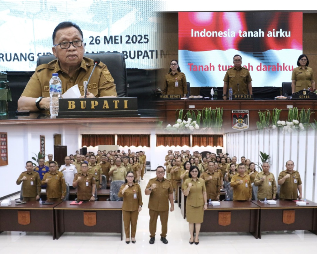 PIMPIN: Bupati Robby Dondokambey didampingi Wakil Bupati Vanda Sarundajang dan Sekkab Lynda Watania saat memimpin Rapat EPRA, Senin (26/5/2025).