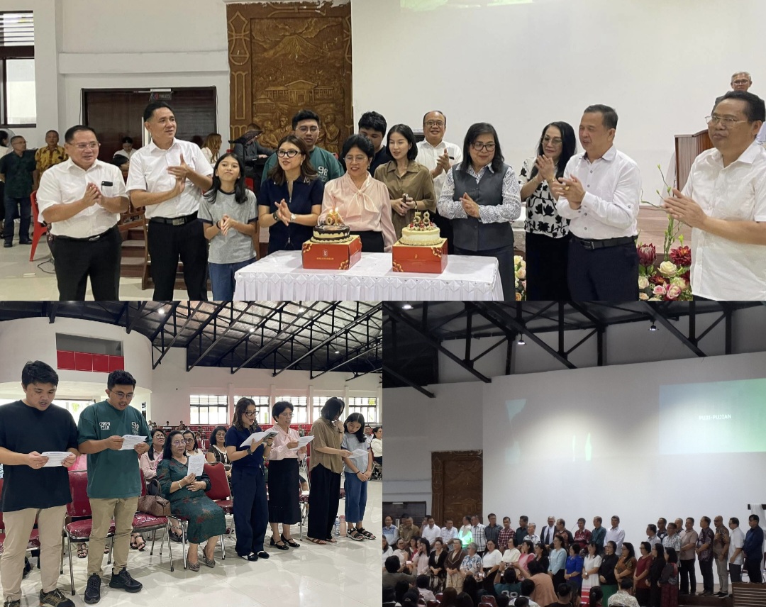 SYUKURI: Ibadah syukur HUT ke-61 Tahun Pdt Hein Arina digelar keluarga bersama Pdt, Guru Agama, Pelsus dan Yayasan GMIM di ABI Tomohon, Selasa (27/5).
