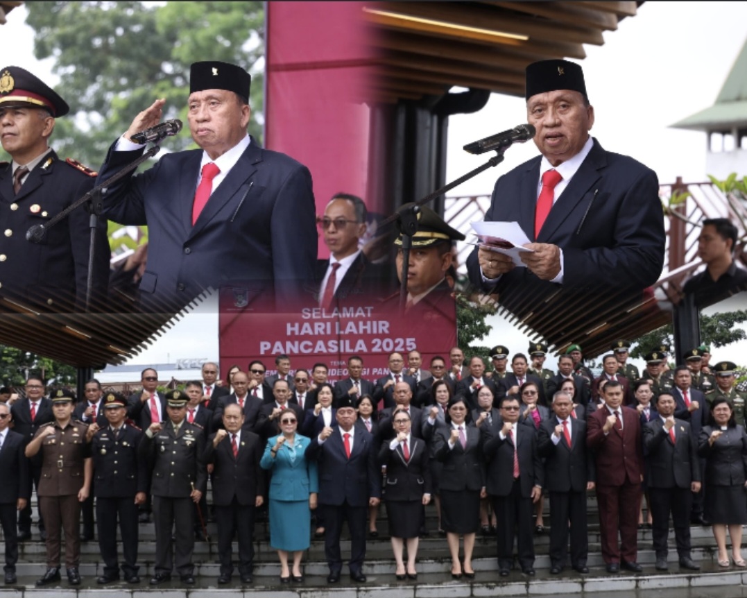 PIMPIN: Bupati Minahasa Robby Dondokambey ketika memimpin Upacara Hari Lahir Pancasila di Lapangan Sam Ratulangi, Tondano, Senin (2/5/2025).