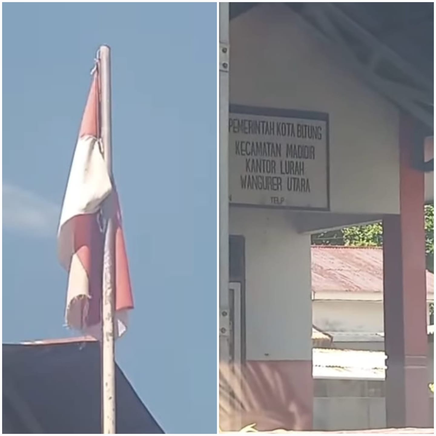 Nampak kondisi bendera Merah Putih di halaman Kantor Lurah Wangurer Utara, Kecamatan Madidir, Kota Bitung, Sulawesi Utara.(Dok Istimewa)
