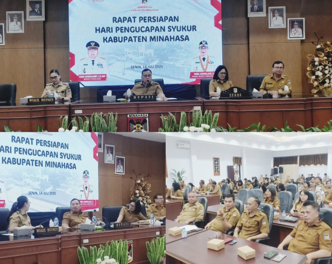 BAHAS: Rapat pembahasan Pengucapan Syukur dipimpin Bupati Robby Dondokambey, Senin (14/7/2025).