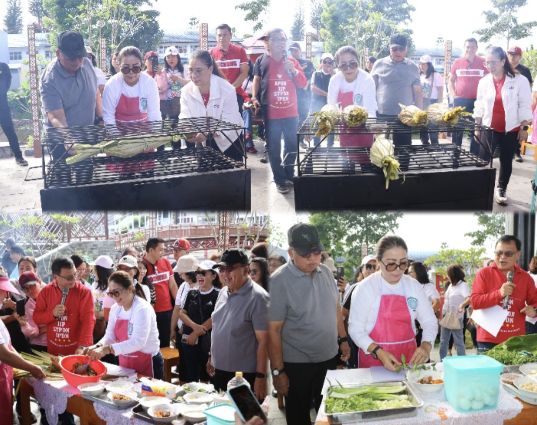 DEMO: Demo masakan khas pengucapan syukur Minahasa yang ditampilkan Ketua TP PKK Minahasa Martina Lengkong disaksikan Bupati Robby Dondokambey dan Wabup Vanda Sarundajang, Jumat (18/7/2025).
