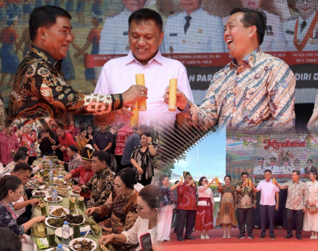 MENYEJUKKAN: Momen pertemuan Gubernur Sulut YSK dan Mantan Gubernur OD, serta mantan Cagub Sulut SK, di Pengucapan Syukur Minahasa, Minggu (20/7/2025).