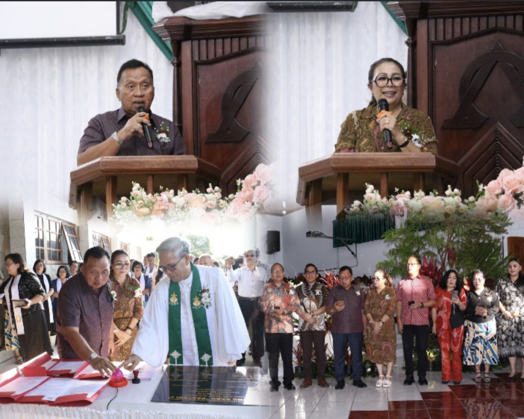 HADIRI: Bupati Robby Dondokambey dan Ketua TP PKK Minahasa Martina Lengkong saat hadir pada perayaan HUT GMIM Salem Katinggolan, Jumat (25/7/2025).