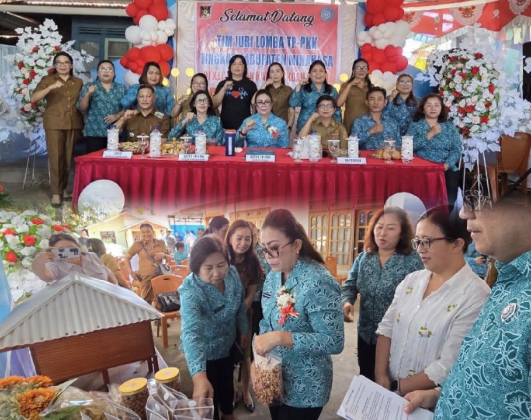 NILAI: Ketua TP PKK Minahasa Martina Lengkong saat menilai lomba TP PKK, Selasa (29/7/2025).