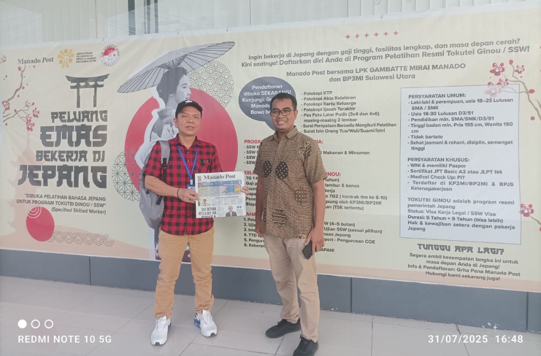 Sensei Febry Paendong bersama Ketua Tim Penempatan BP3MI Khairul Umam, S.ST.Pi di Manado Post