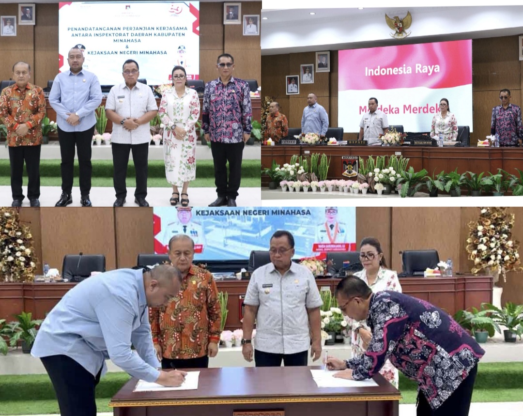 TEKEN: Penandatanganan kerjasama antara Pemkab dan Kejari Minahasa disaksikan Bupati Robby Dondokambey, Kamis (7/8/2025).