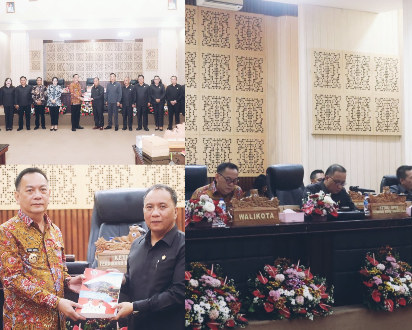 Diserahkan: Wali Kota Caroll Senduk menyerahkan draf KUA-PPAS APBD Perubahan Tahun 2025 kepada Ketua DPRD Ferdinand Mono Turang, foto lain suasana Rapat Paripurna, Jumat (8/8/2025). Dok istimewa