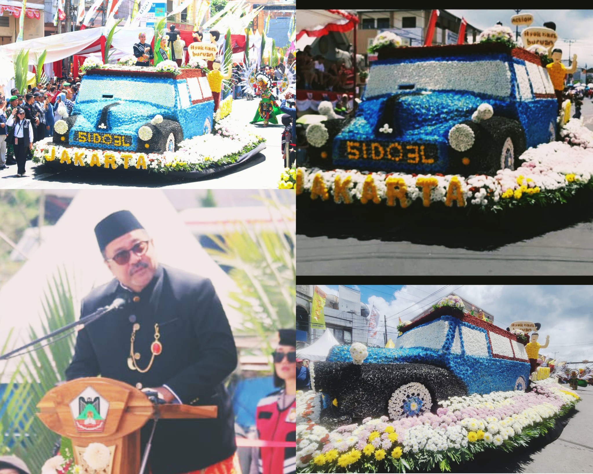 Wagub DKI Jakarta Rano Karno saat memberikan sambutan, insert foto; tampilan float Oplet biru khas Sinetron Si Doel Anak Sekolahan tampil di ToF. Dok istimewa