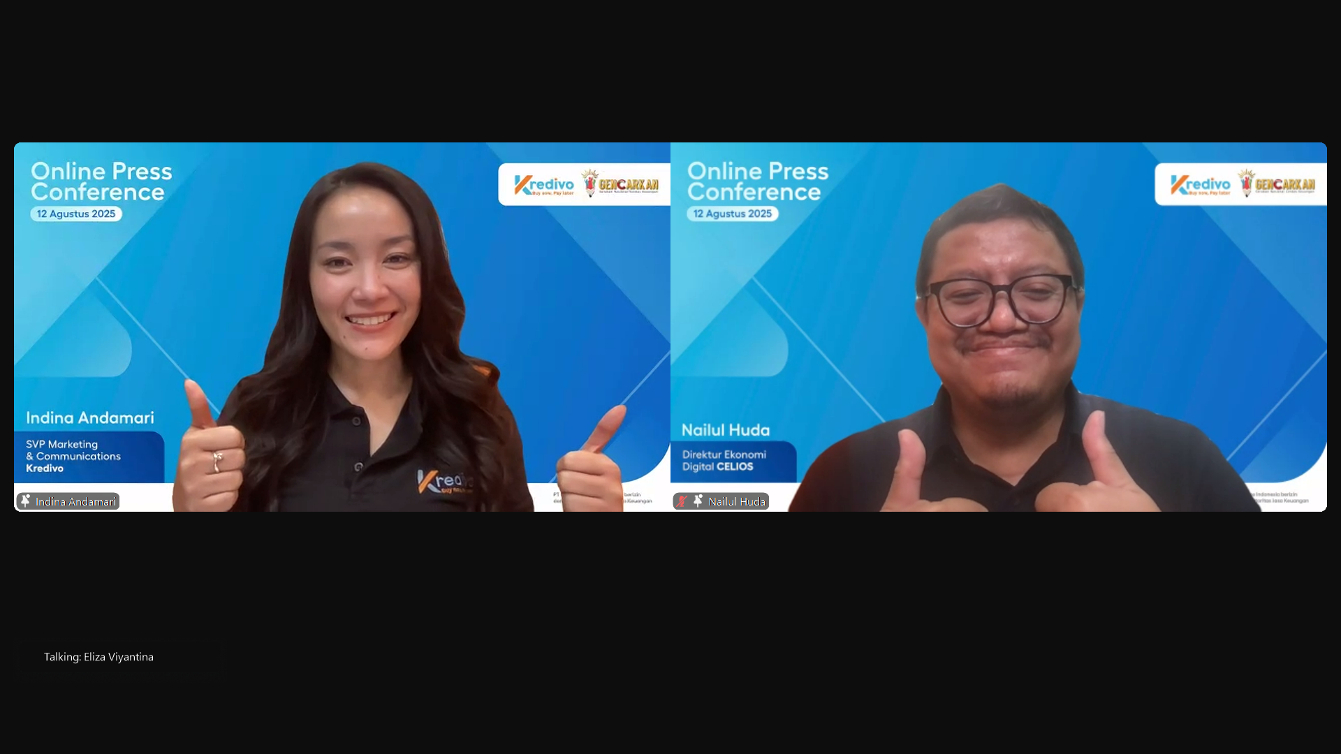 Indina Andamari, SVP Marketing & Communications Kredivo dan Nailul Huda, Direktur Ekonomi Digital CELIOS dalam Konferensi Pers daring, Senin (12/8).