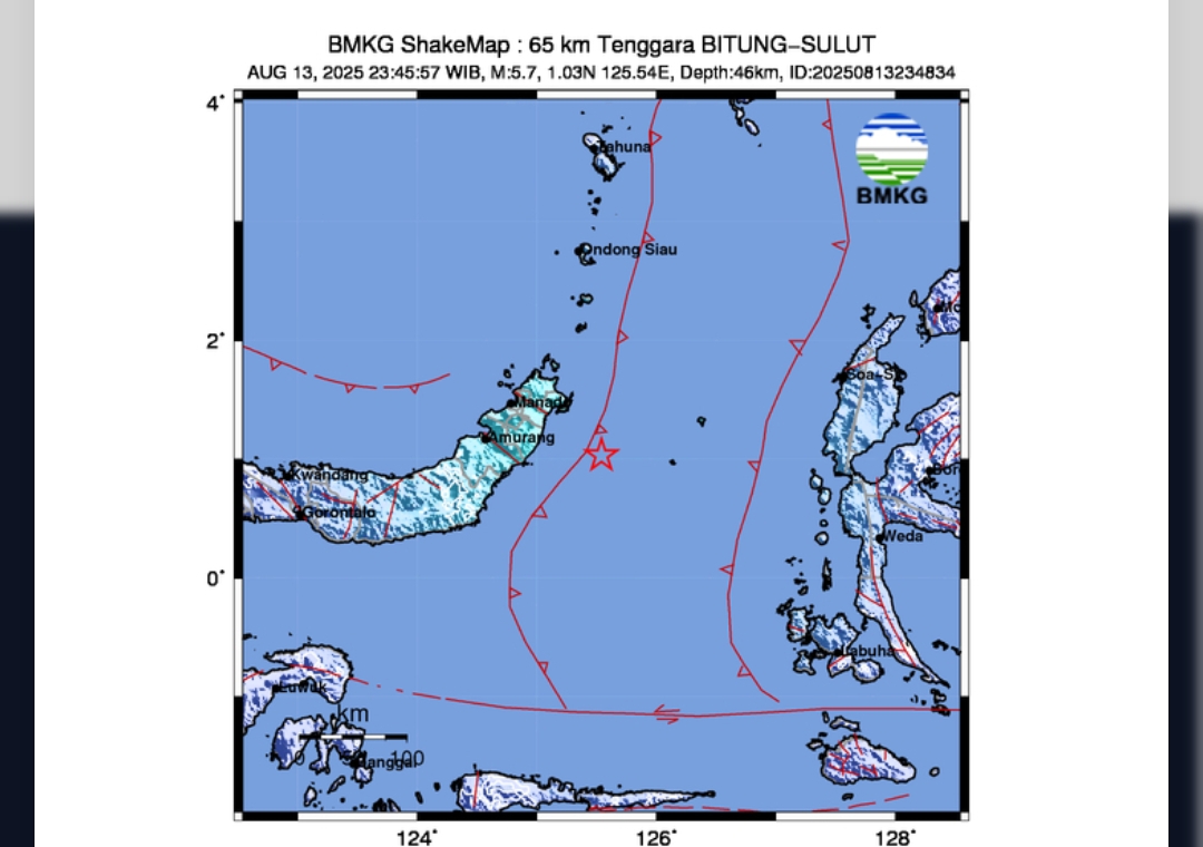 Gempa Bumi Terkini M5,7 Guncang Tenggara Bitung, Sulawesi Utara &ndash; Tidak Berpotensi Tsunami