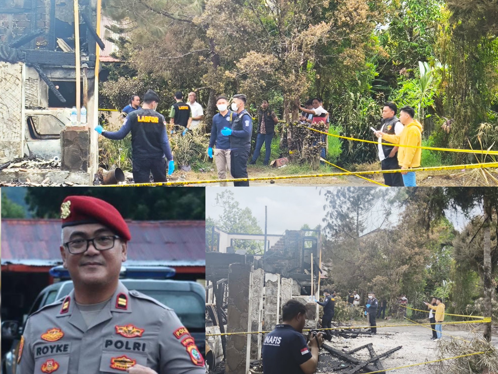 Suasana pelaksanaan olah TKP di Homestay Walian melibatkan Tim Labfor Polda Sulut, Insert ; Kasat Reskrim Polres Tomohon Iptu Royke Mantiri. Dok istimewa