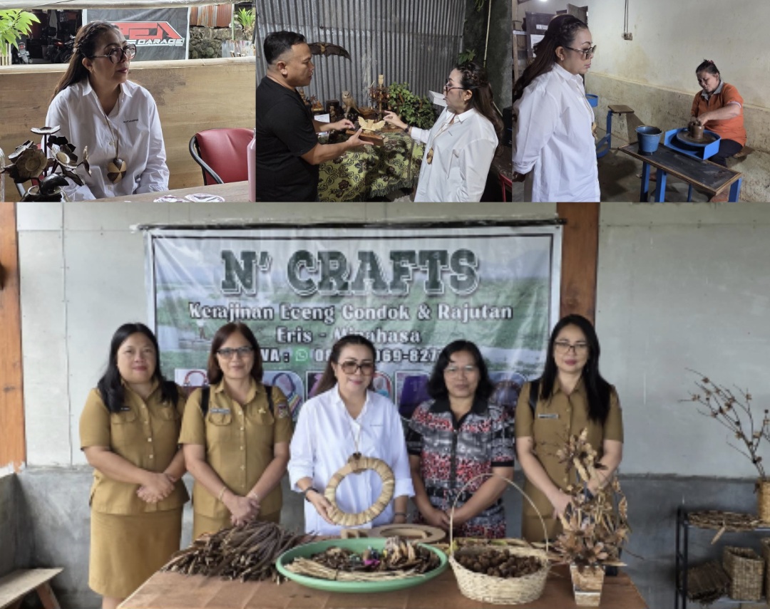 SAMBANGI: Ketua Dekranasda Minahasa Martina Lengkong (kemeja putih) saat menyambangi para pengrajin, Selasa (26/8/2025).