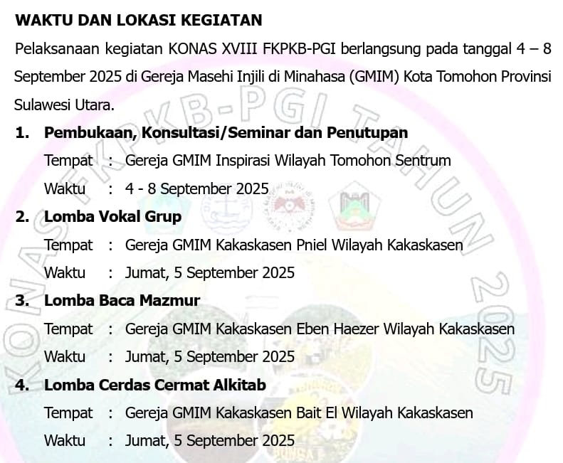 Rencana agenda kegiatan KONAS FK PKB PGI ke-18 Tahun 2025 di Kota Tomohon. Dok panitia