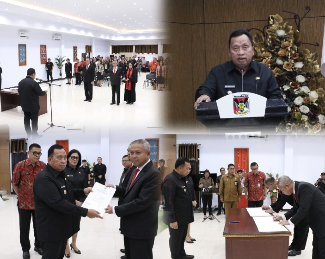LANTIK: Bupati Robby Dondokambey saat melantik pejabat di lingkup Pemkab Minahasa, Jumat (29/8/2025).