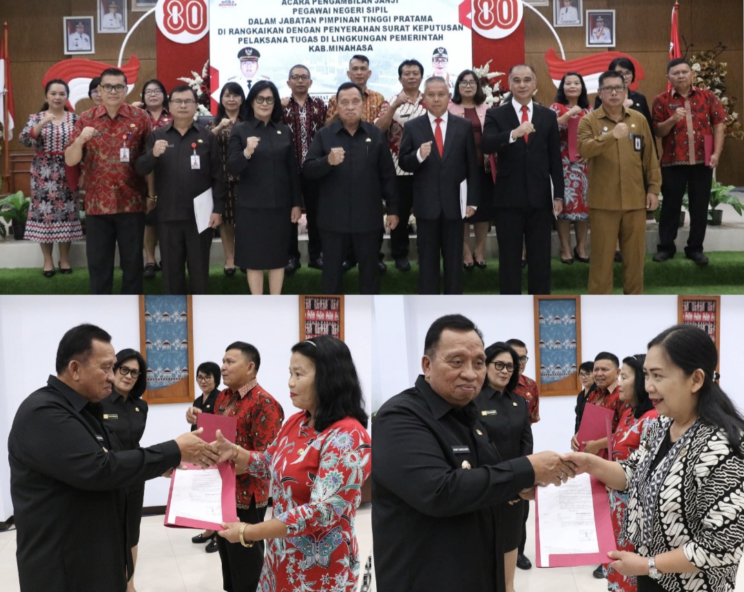 SERAHKAN: Bupati Robby Dondokambey menyerahkan SK Plt Kepsek Jumat (29/8/2025).