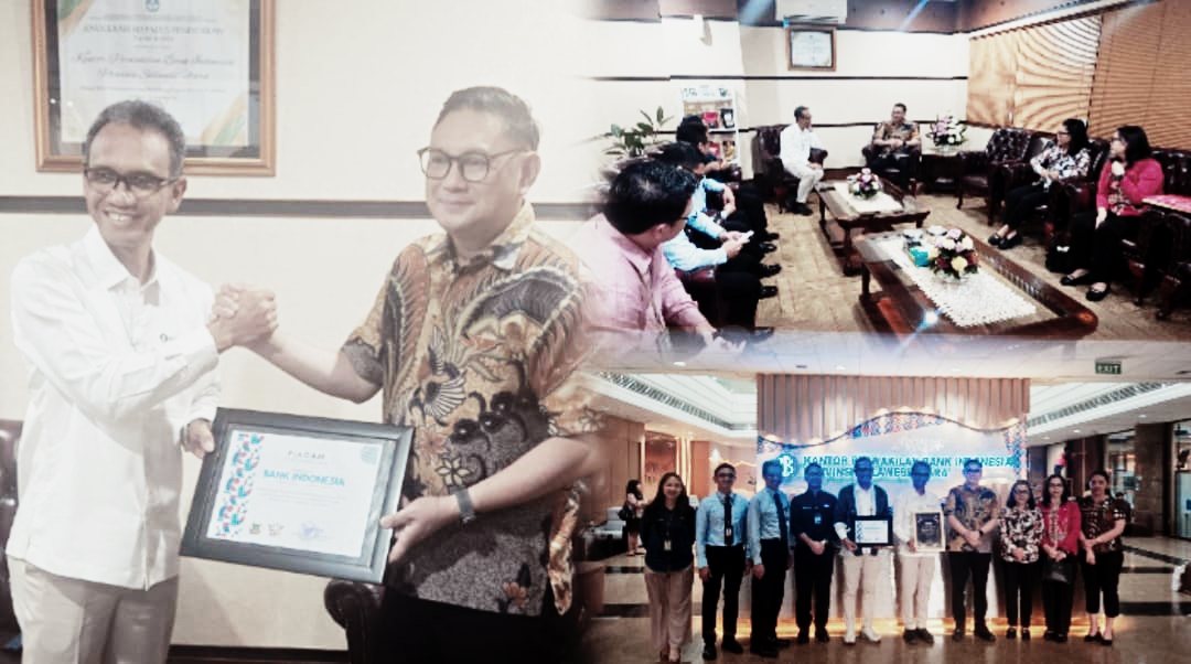 SINERGI BERSAMA: Kadis Pariwisata Judhistira Siwu menyerahkan penghargaan kepada Kepala BI KPw Sulut Joko Supratikto. Dok istimewa