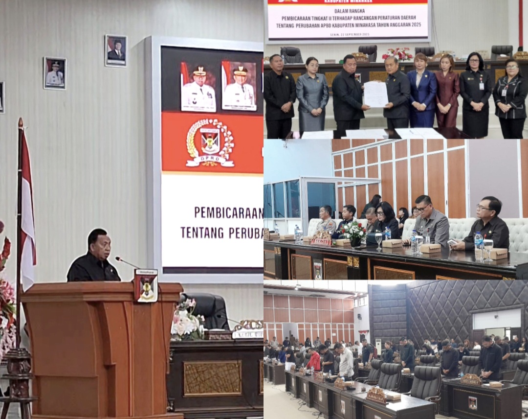 SAMPAIKAN: Bupati Robby Dondokambey dalam paripurna DPRD mengajak agar mensukseskan HUT Sulut ke-61, Senin (22/9/2025) di Ruang Sidang DPRD Minahasa.