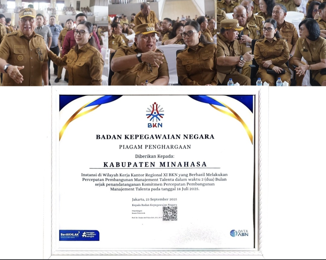 RAIH PENGHARGAAN: Penghargaan Manajemen Talenta dari BKN RI kepada Pemkab Minahasa.
