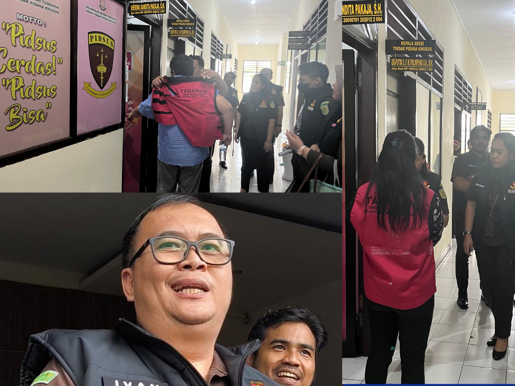 TEGAKKAN HUKUM: Tampak kedua tersangka dugaan kasus Tipikor dana hibah mengenakan rompi pink, insert foto; Kasi Intel Ivan Roring SH MH. Dok istimewa