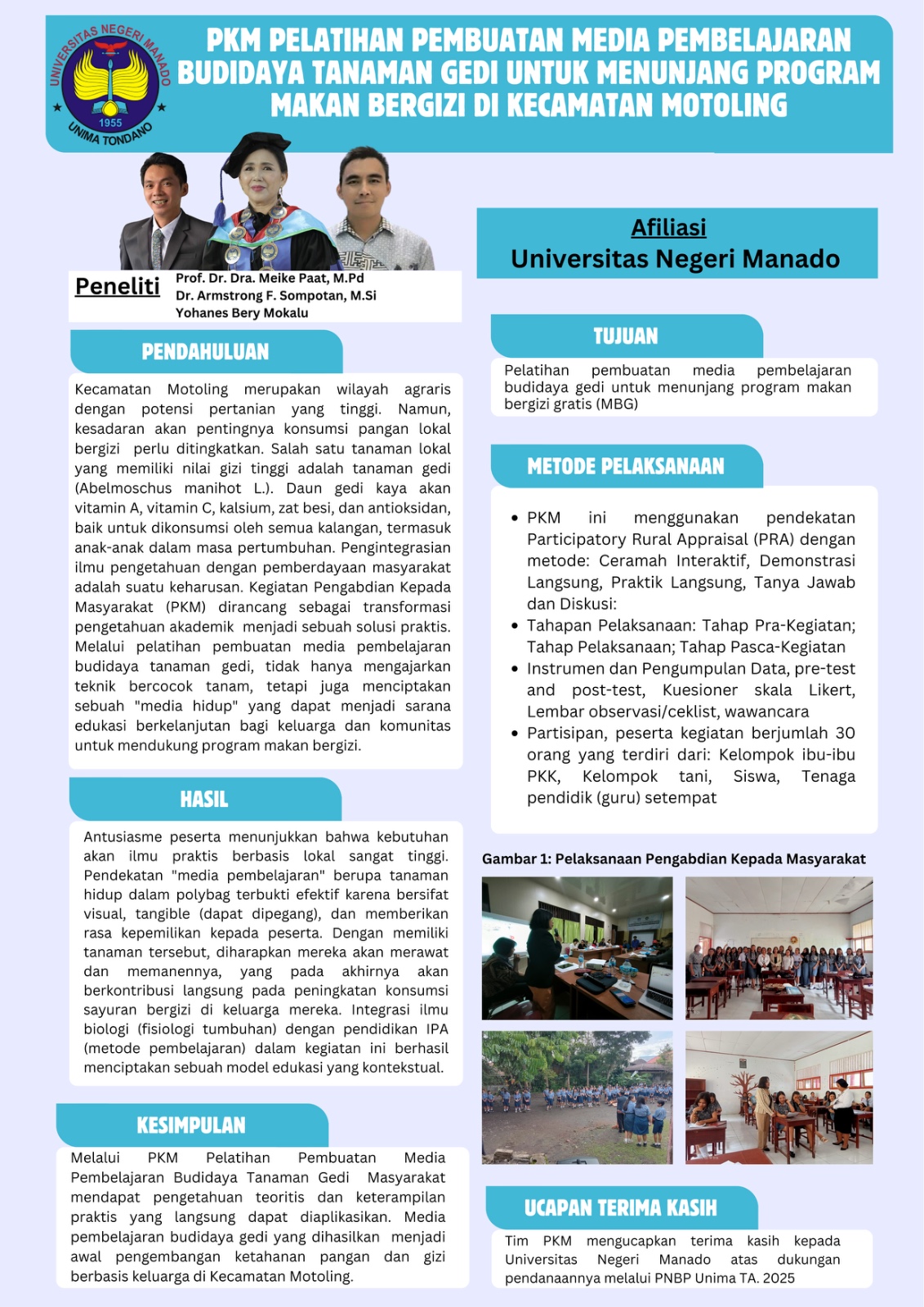 Kegiatan PKM UNIMA mengenalkan konsep media pembelajaran hidup melalui budidaya tanaman gedi sebagai upaya mendukung program makan bergizi gratis.