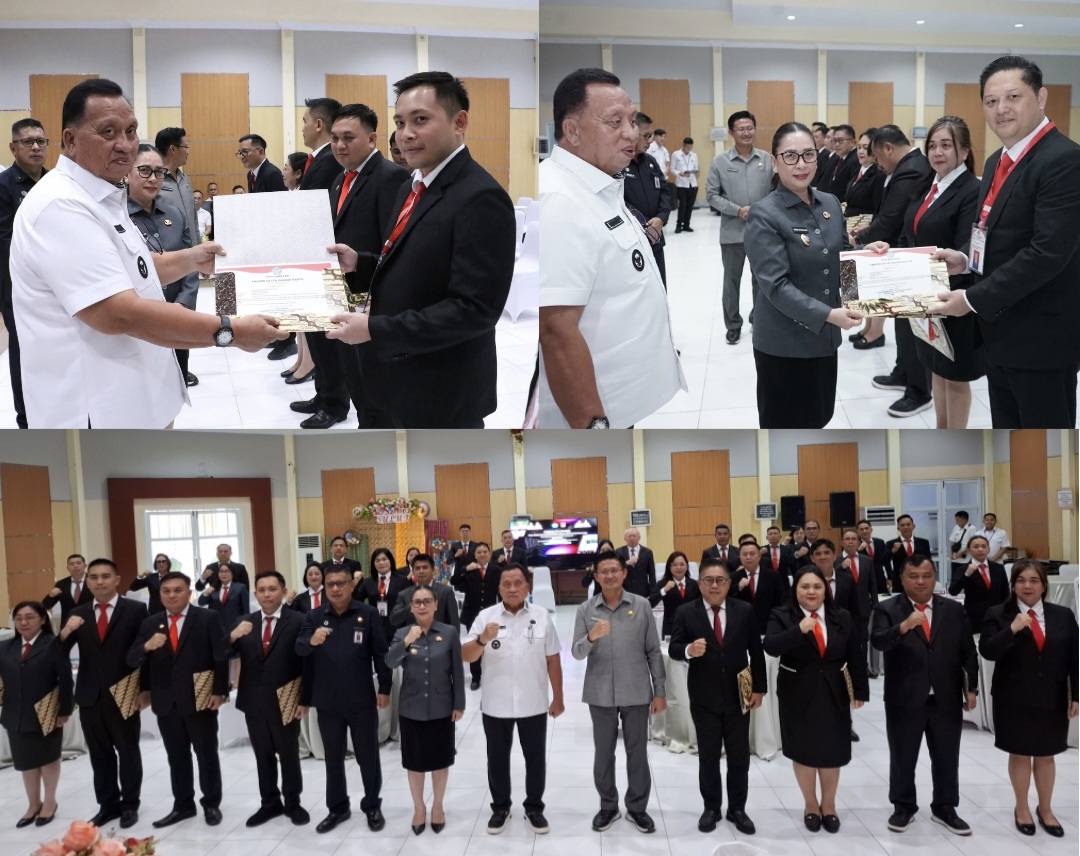 SERAHKAN: Bupati Robby Dondokambey dan Wakil Bupati menyerahkan sertifikat pelatihan kepada para peserta 10 terbaik PKA, Rabu (1/10/2025).