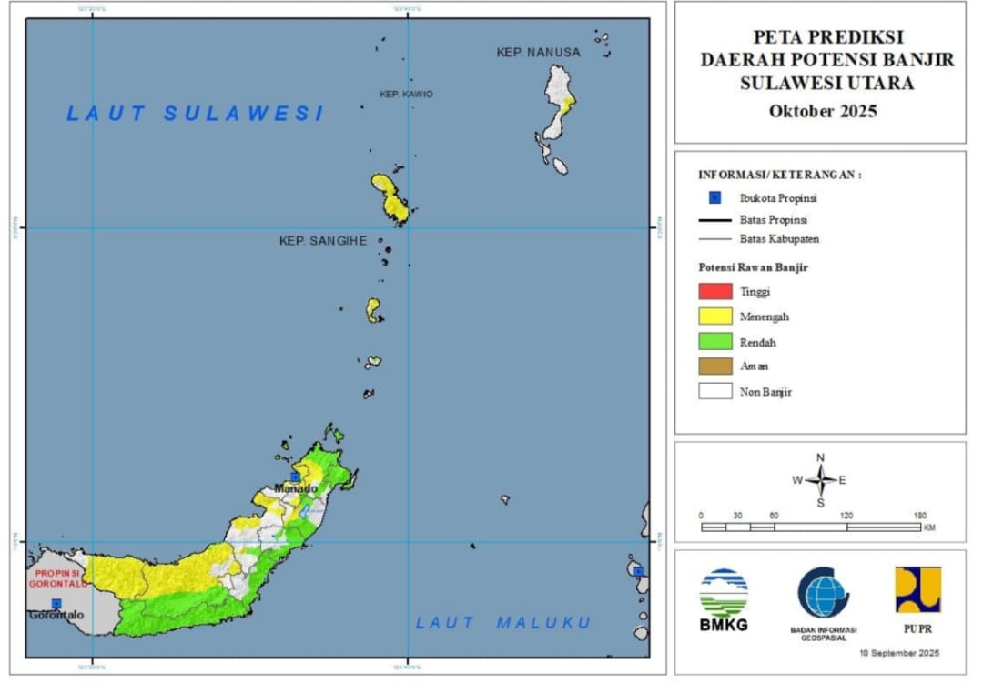 Peta prediksi daerah potensi banjir Sulawesi Utara Oktober 2025