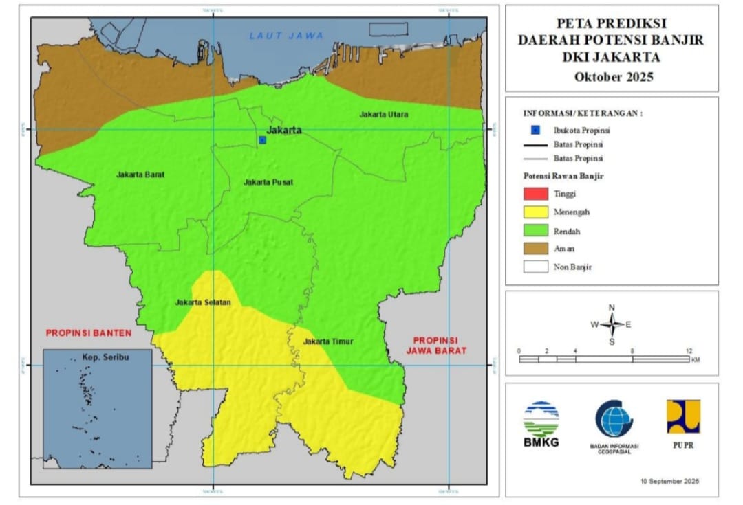 Peta prediksi daerah potensi banjir DKI Jakarta Oktober 2025