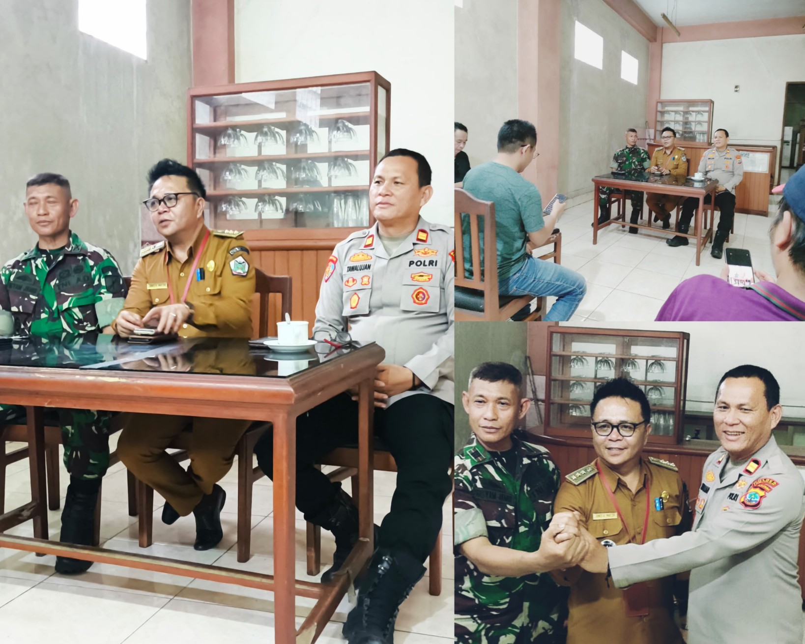 SINERGI: Camat Tomohon Tengah Jones Mait, Kapolsek Iptu Stenly dan Danramil 1302-06/Tomohon Kapt Inf Isyam Jambi, di sela gelaran Sharing Bersama Senin (14/10/2025). Dok istimewa