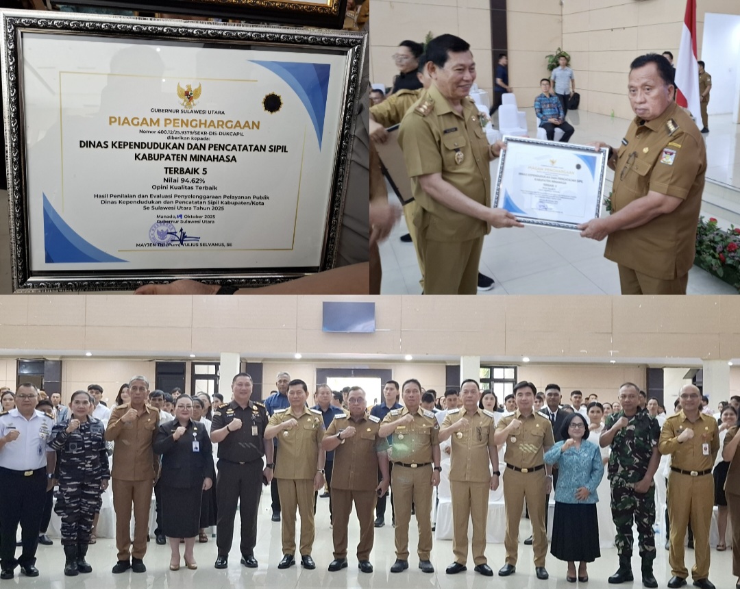 TERIMA PENGHARGAAN: Bupati Robby Dondokambey saat menerima penghargaan yang diserahkan Wagub Victor Mailangkay, Selasa (14/10/2025) di Graha Gubernuran.