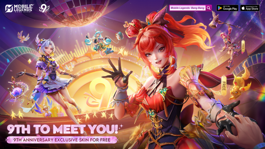 Hero MLBB tampil glamor di panggung &ldquo;9th to Meet You&rdquo; dengan skin girl group terbaru.