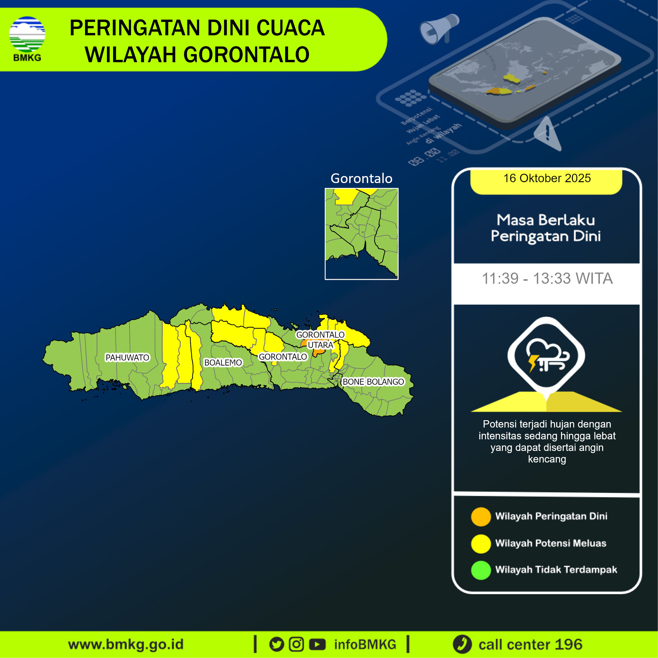 Peringatan dini cuaca wilayah Gorontalo hari ini, Kamis 16 Oktober 2025