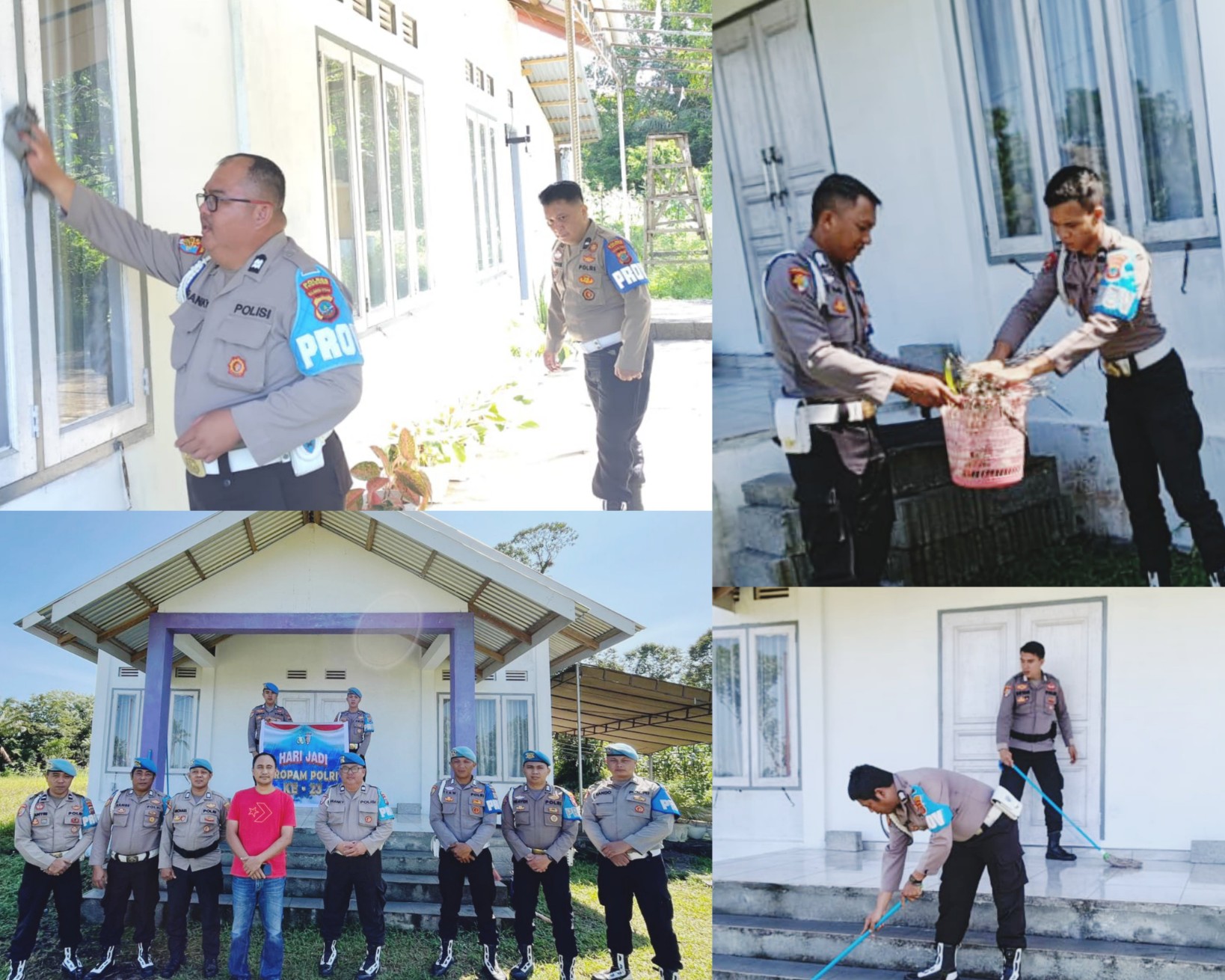 PEDULI: Suasana penuh kebersamaan, para personel Propam terlihat antusias bergotong royong membersihkan halaman dan area sekitar rumah ibadah. Dok istimewa