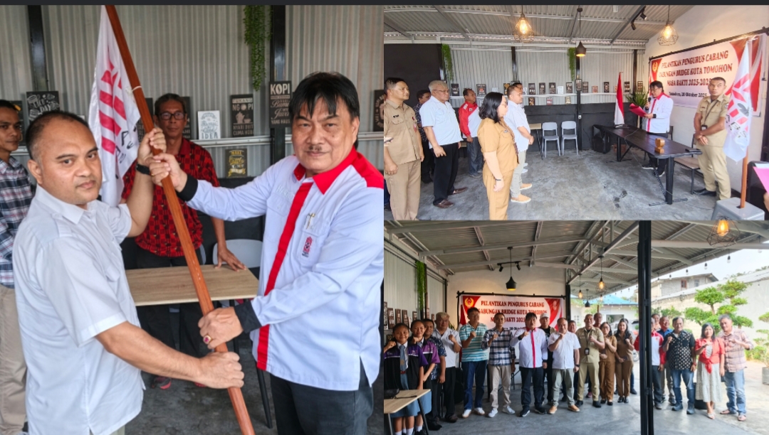 Ketua GABSI Tomohon Oktavianus Mende S.H., M.Kn.,menerima bendera pataka dari Ketua Harian GABSI Sulawesi Utara, Drs. Harke Tulenan, M.Si penanda kepengurusan tahun 2025-2029 siap bertugas. Dok ist