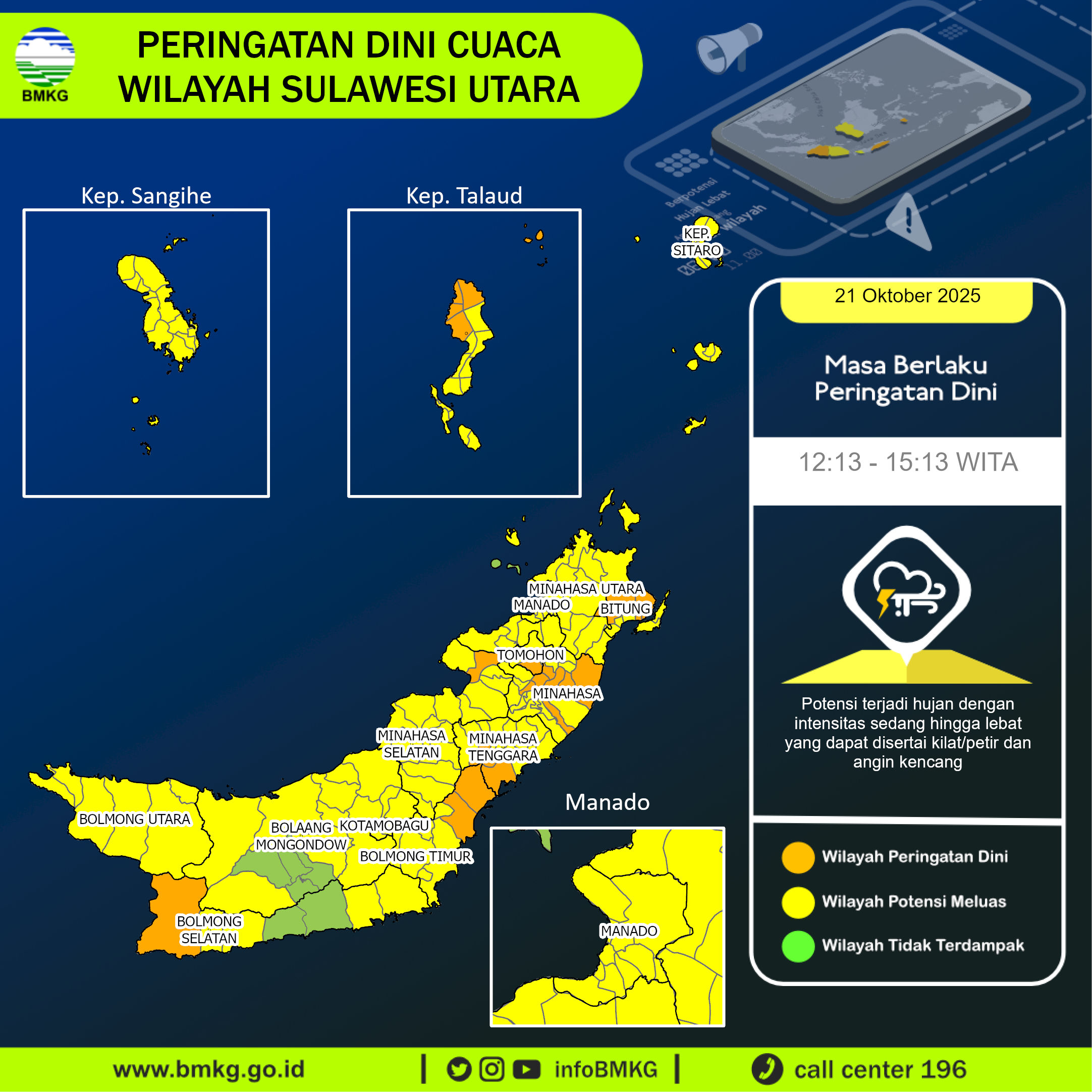 Peringatan dini cuaca wilayah Sulawesi Utara hari ini, Selasa  21 Oktober 2025