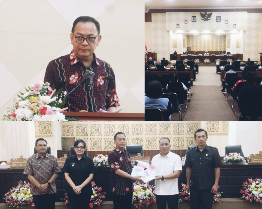 Wali Kota Caroll Senduk SH didampingi Wawali Sendy Rumajar SE M IKom dan Sekkot Edwin Roring SE ME menyerahkan draf KUA PPAS APBD Tahun 2026 kepada DPRD. Dok istimewa
