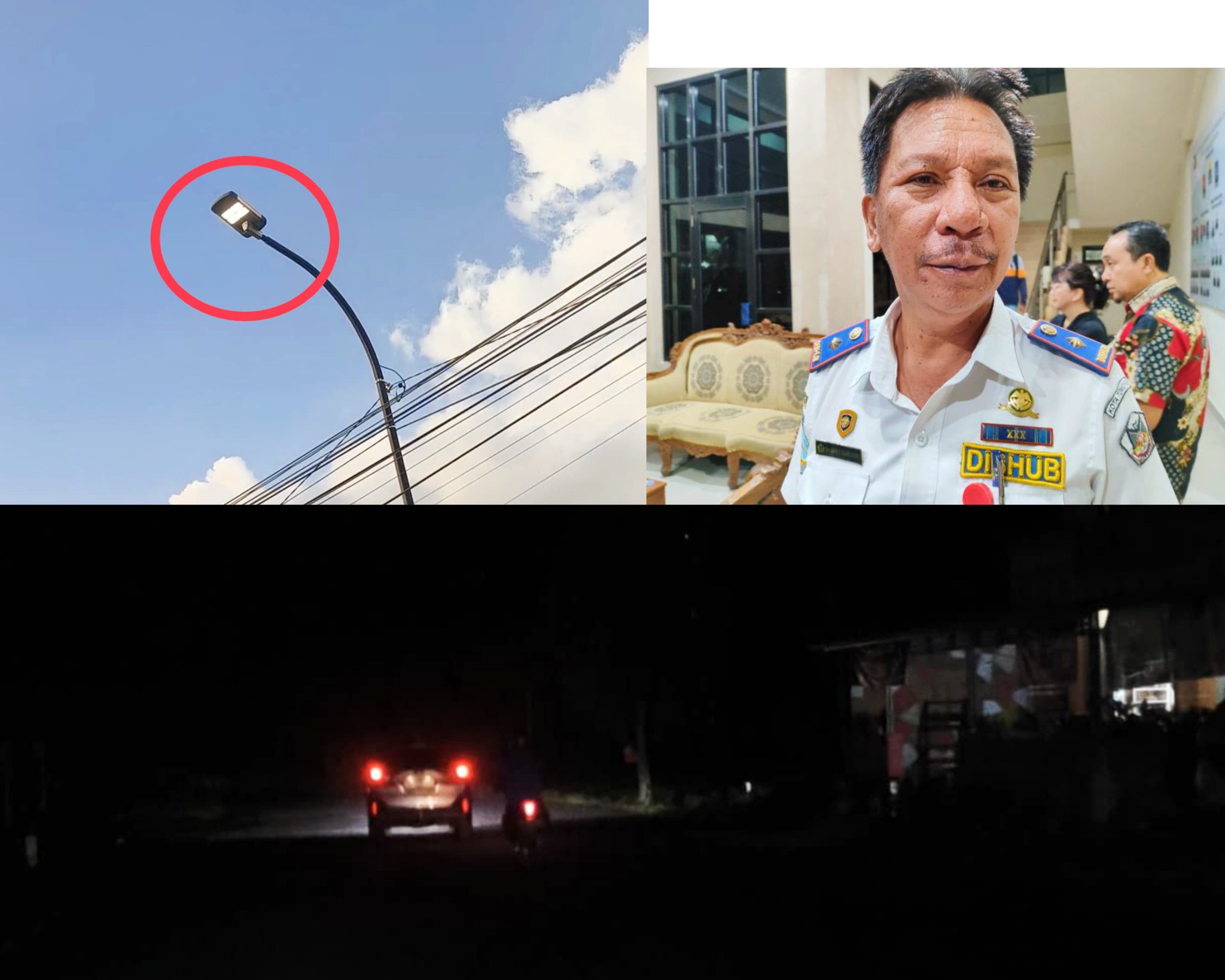 Tampak PJU di Tomohon di depan kantor Satpas menyala justru di siang  hari., sementara malam padam. Insert foto; Kadishub Robby Kalangi. Dok istimewa