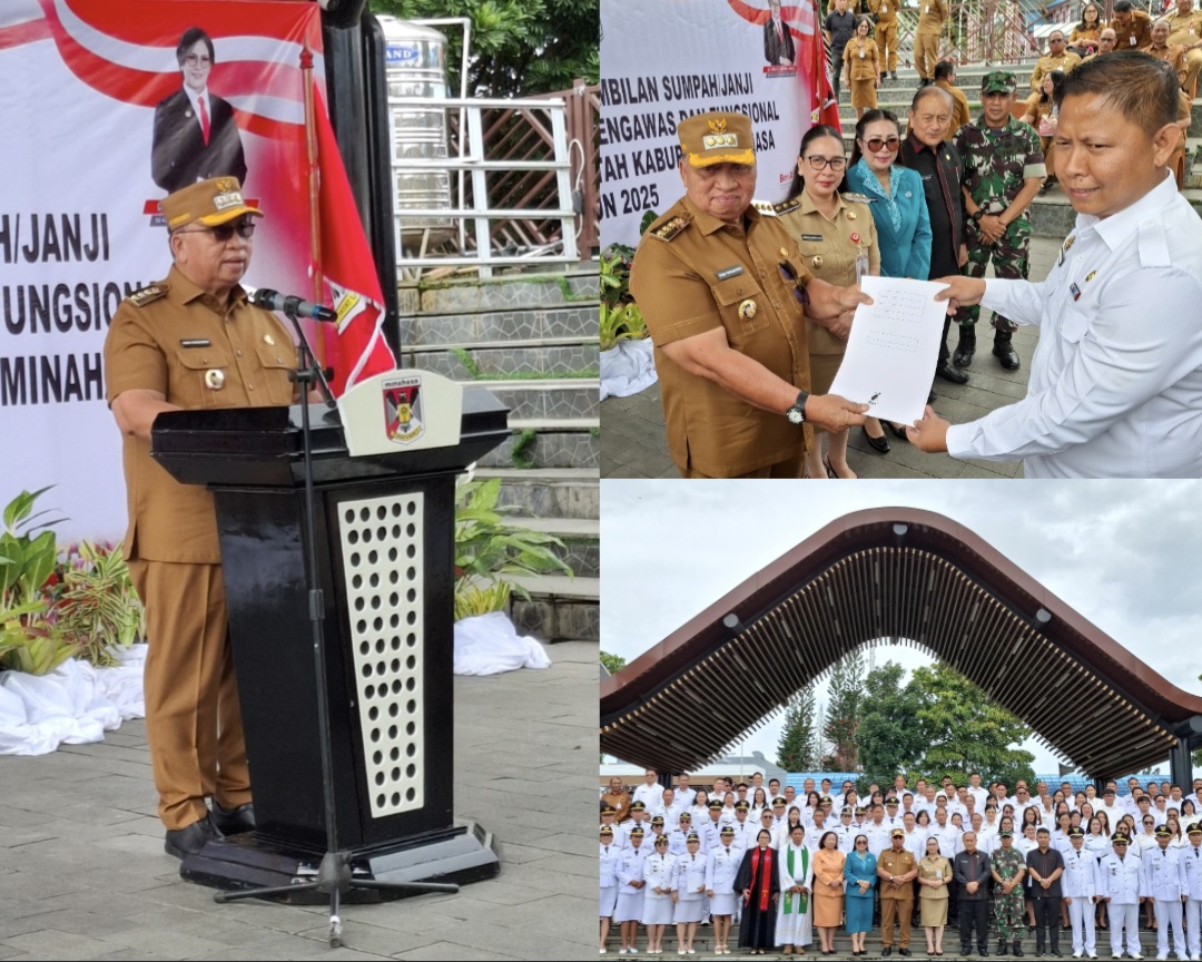 LANTIK: Bupati Robby Dondokambey saat melantik pejabat di Pemkab Minahasa, Senin (27/10/2025).