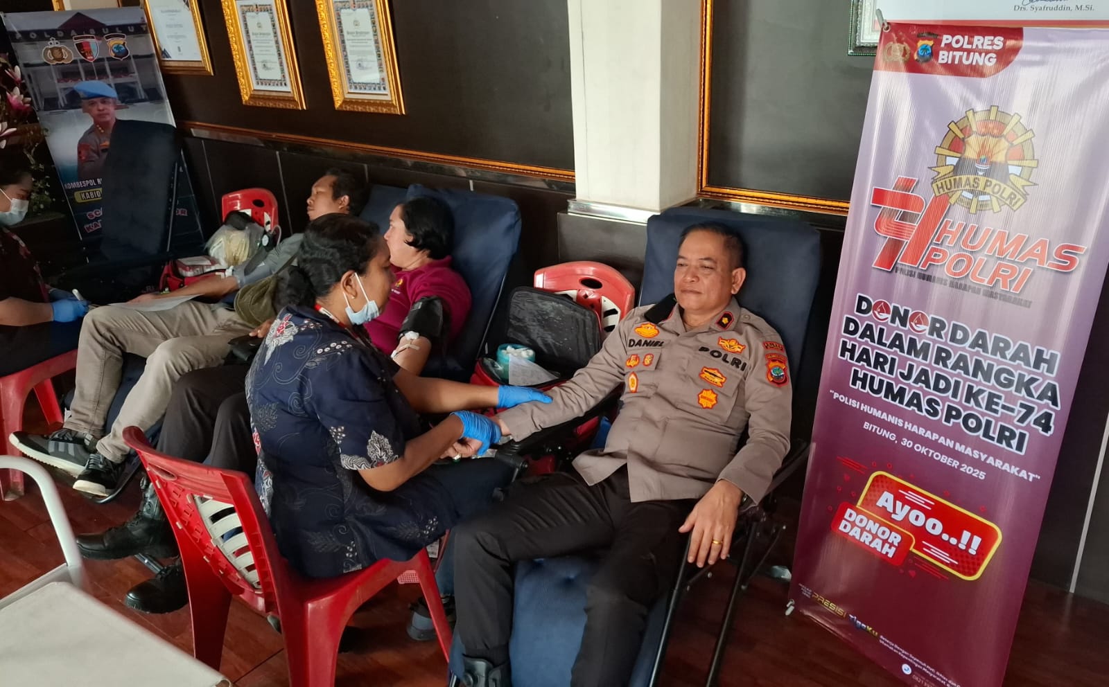 Aksi kemanusiaan donor darah yang digelar Polres Bitung dalam rangka HUT ke-74 Humas Polri.(Dok Istimewa)