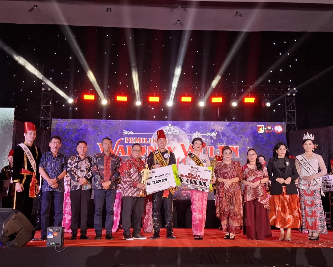 CONGRATS: Malam Grand Final PWWM 2025 di Gedung Wale Ne Tou Tondano menobatkan Miracle Mamesah sebagai Waraney dan Jelitha Kaligis sebagai Wulan, Sabtu (1/11/2025).
