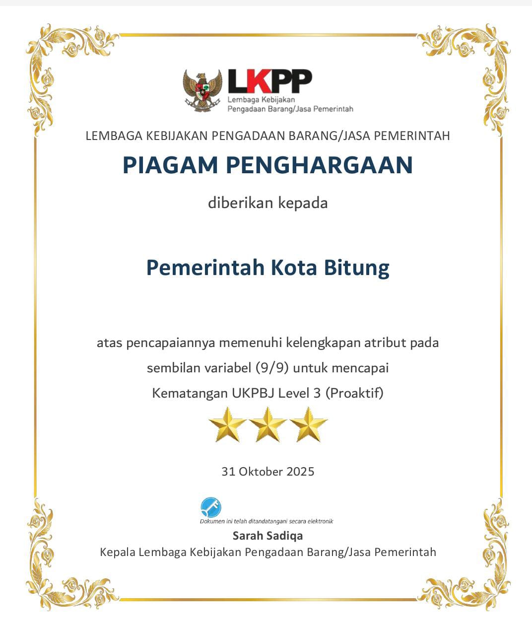 Piagam penghargaan dari LKPP Republik Indonesia untuk Pemkot Bitung.(Dok Istimewa)