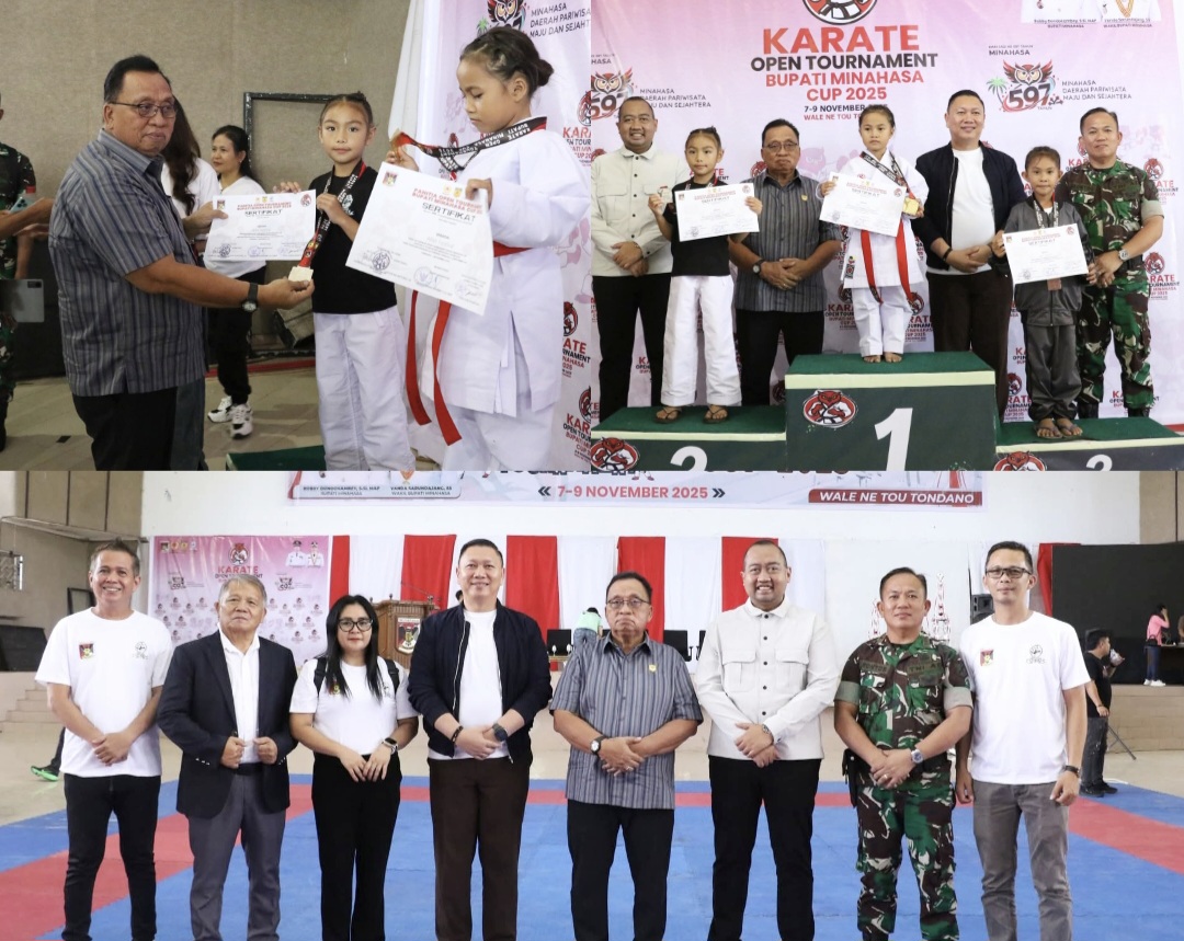 DIBUKA: Bupati Robby Dondokambey membuka kejuaraan karate Bupati Minahasa Cup 2025 di Gedung Wale Ne Tou Tondano, Sabtu (8/11/2025).