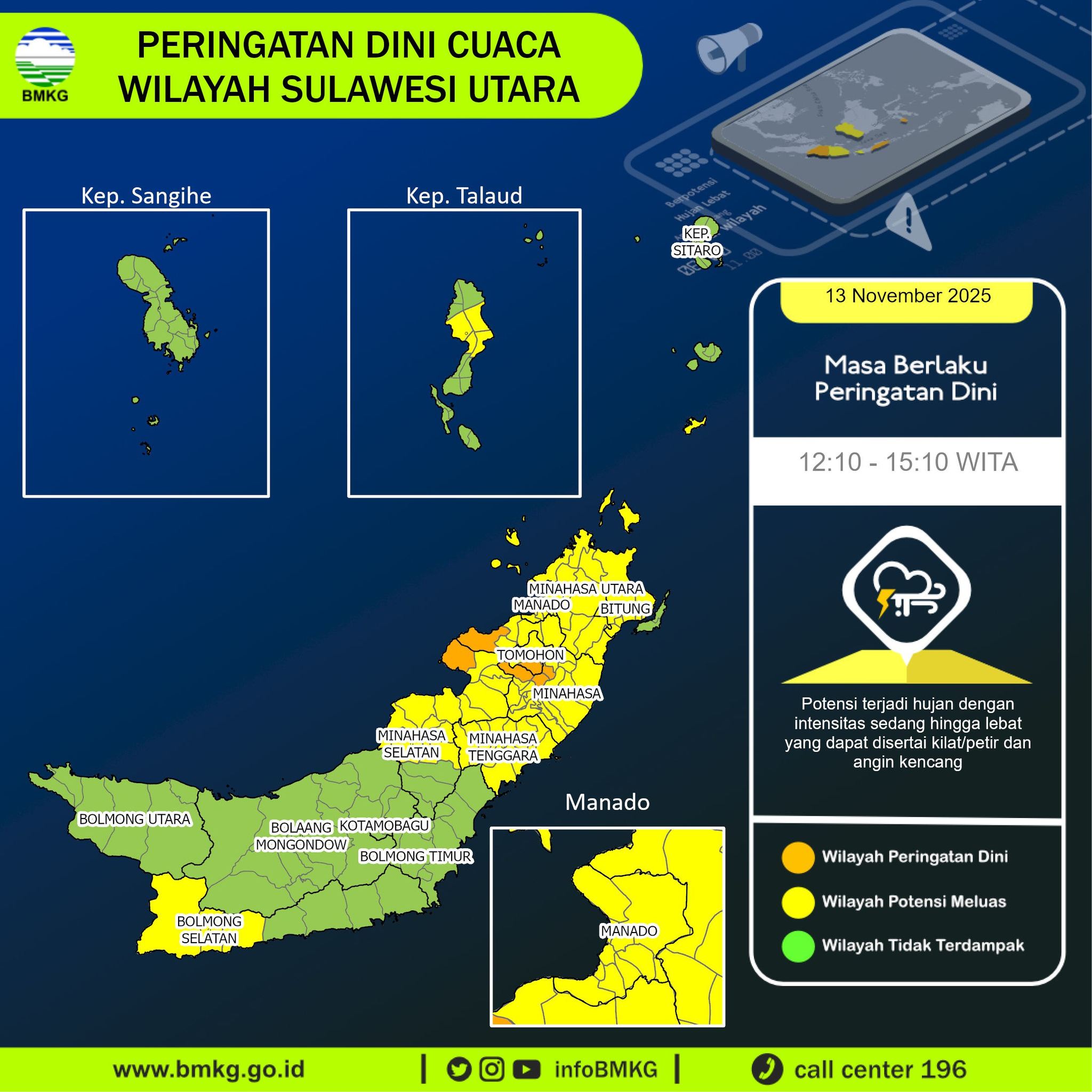 Peringatan dini cuaca Sulut Kamis, 13 November 2025
