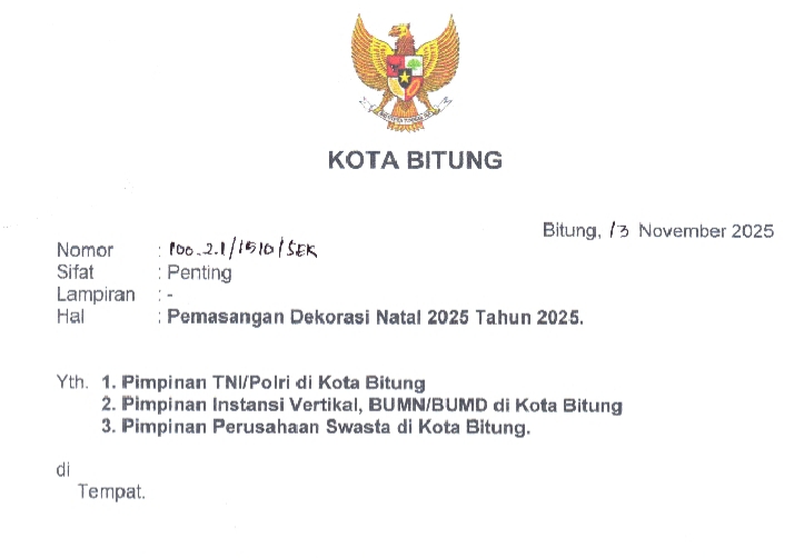 Surat resmi Pemkot Bitung perihal pemasangan dekorasi Natal ke TNI/Polri, instansi vertikal, BUMN/BUMD serta perusahaan swasta.(Dok Istimewa)
