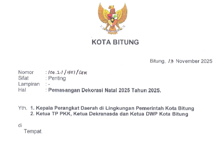 Surat imbauan Pemkot Bitung tentang pemasangan dekorasi Natal yang ditujukan ke perangkat daerah, TP-PKK, Dekranasda dan DWP.(Dok Istimewa)