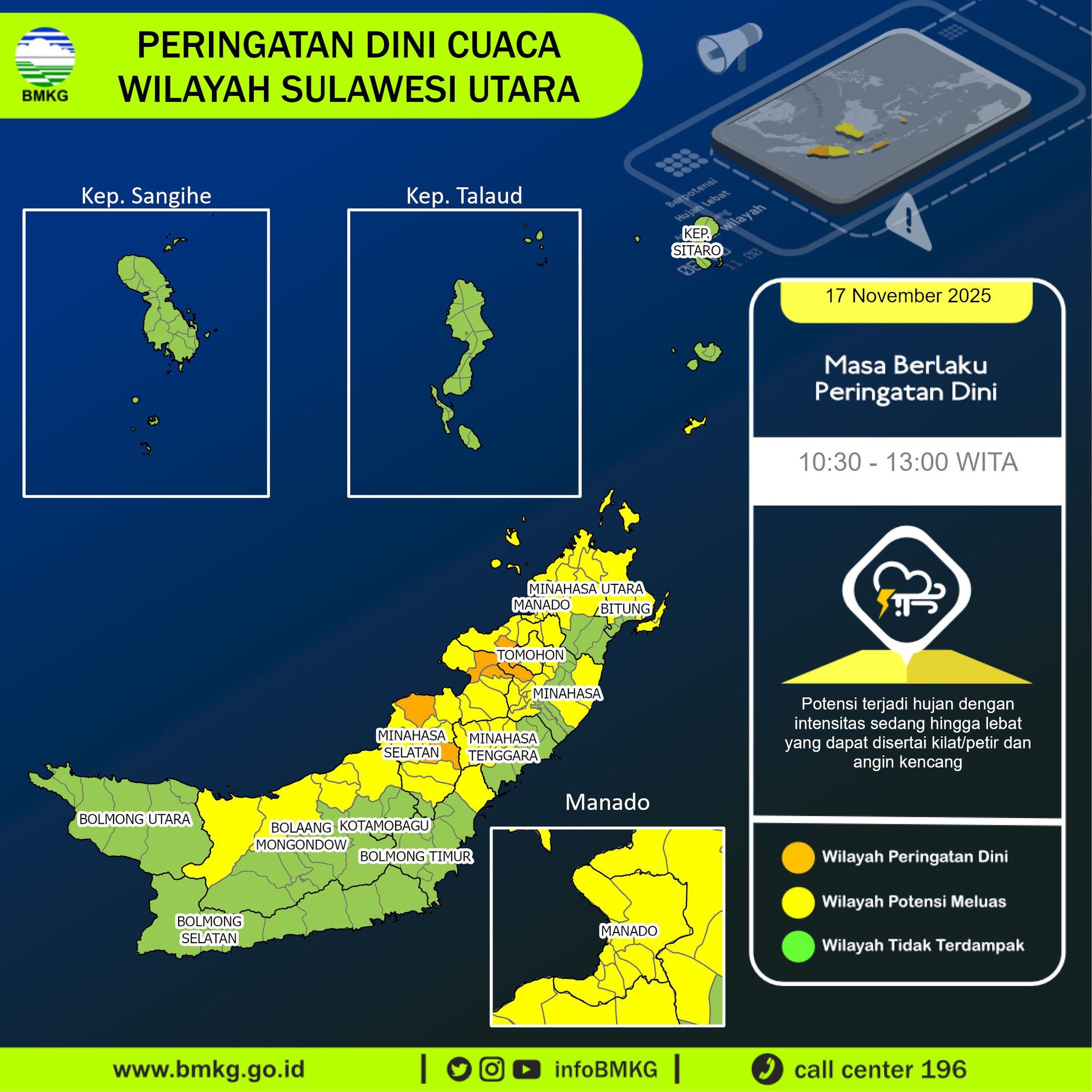 Peringatan dini cuaca sulut hingga pukul 13.00 WITA