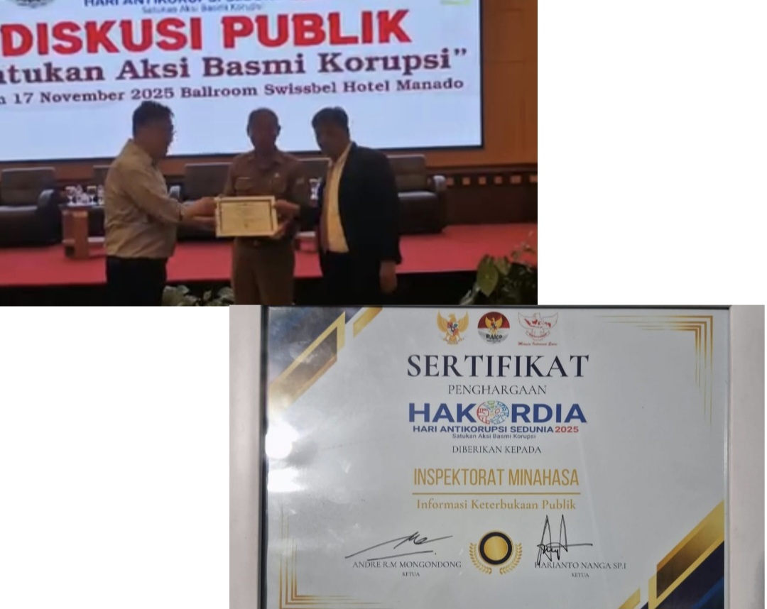 RAIH PENGHARGAAN: Inspektorat Daerah Kabupaten Minahasa meraih penghargaan keterbukaan informasi publik, Senin (17/11/2025).