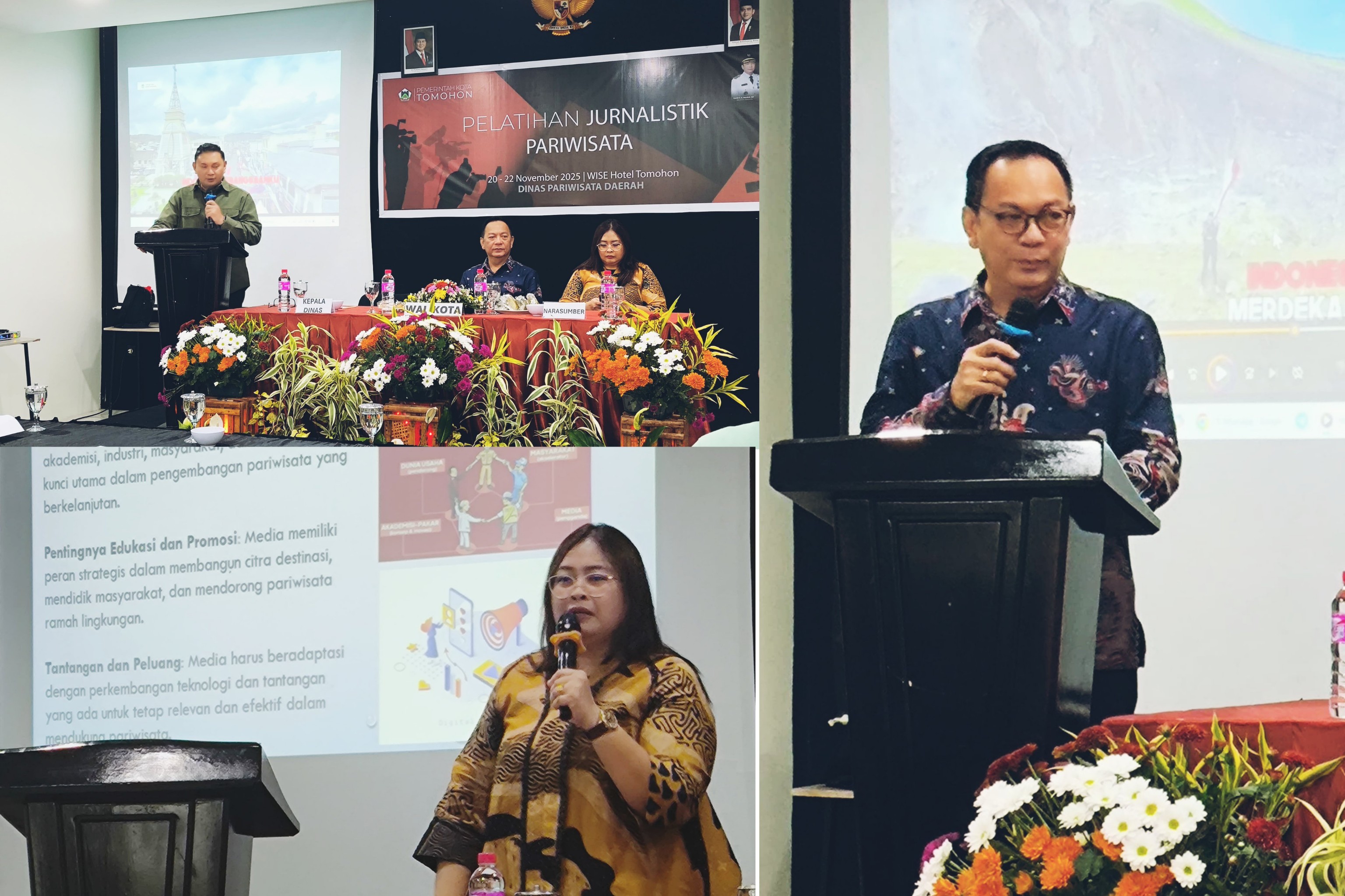 TINGKATKAN KAPASITAS: Wali Kota Caroll Senduk SH  membuka gelaran Pelatihan Jurnalistik Pariwisata, ada juga Kepala Dinas Pariwisata Judhistira Siwu dan Ahli Pers Amanda Komaling. Dok istimewa
