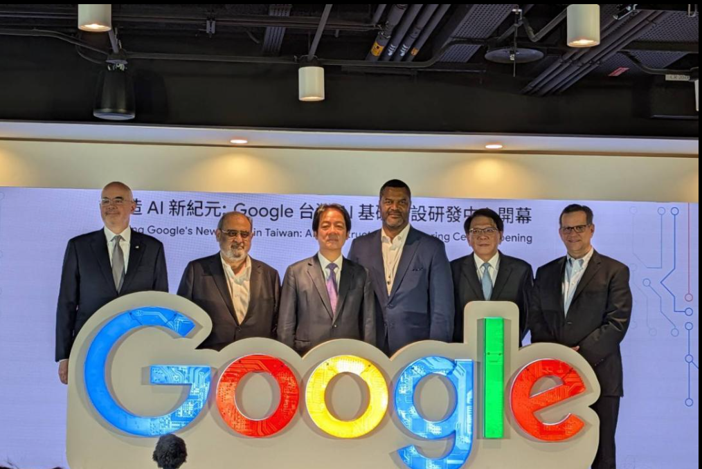 President William Lai, third from left, today stands with Google executives at the opening of a Google AI engineering center in Taipei.